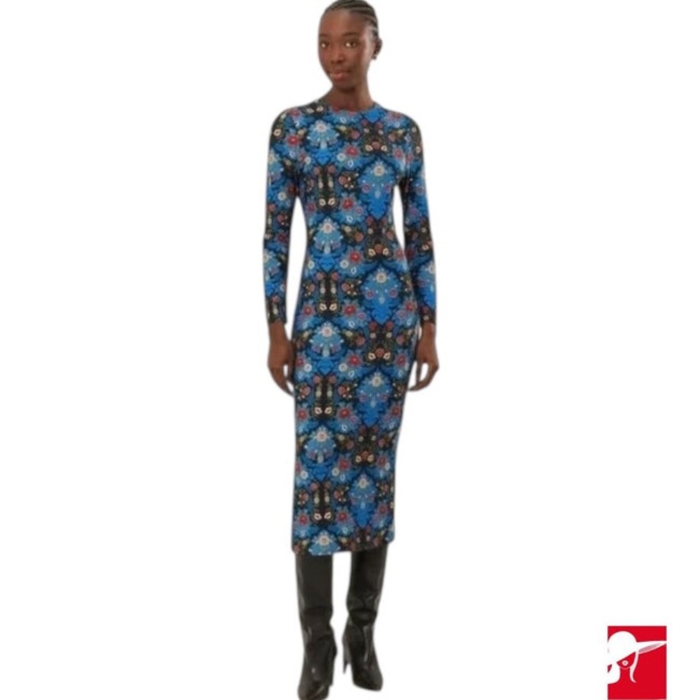 FARM Rio Blue and Black Floral Long Sleeve Dress
